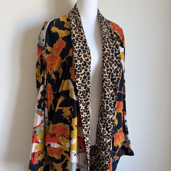 Free People Size S Wild Nights Duster Open Front Floral Print Leopard Trim Boho - Picture 2 of 13